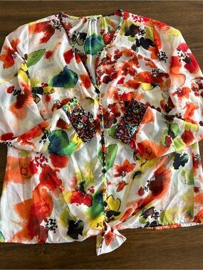 Vibrant Watercolor Floral Tie-Front Button Blouse